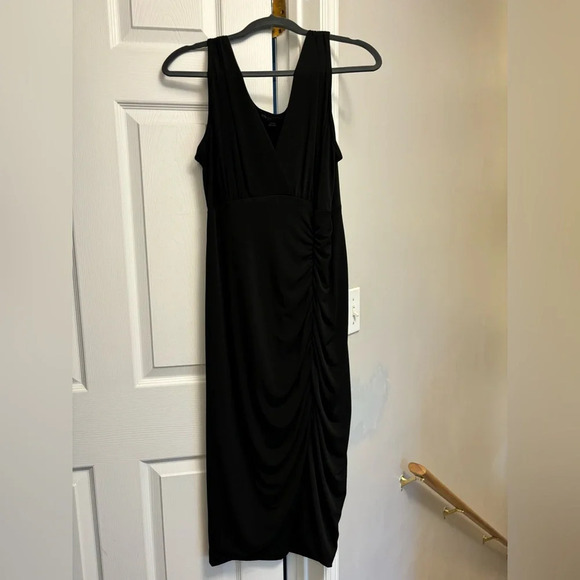Boston Proper Bodycon Dress Womens Medium Black Sleeveless Wrap V Neck Pleated - Picture 1 of 3